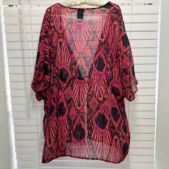 Beverly Drive Women's pink, red, black tie front sheer topper; Size 16-18 - Picture 2 of 4